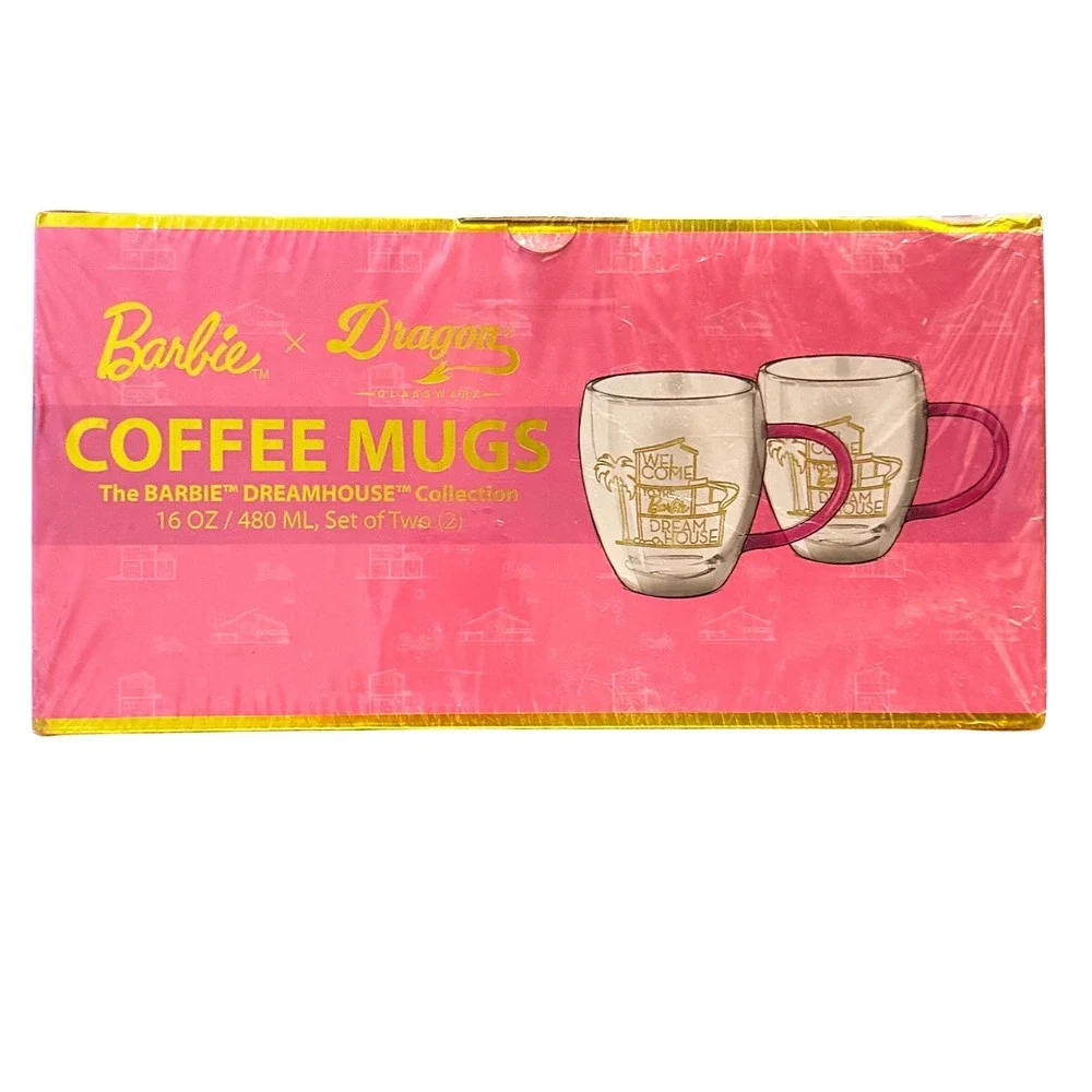 Dragon Glassware x Barbie Double Wall Coffee Mugs Pink Magenta 16oz Set 2 Sealed